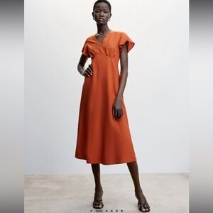 Mango V-NECKLINE DRESS Small Orange NWT